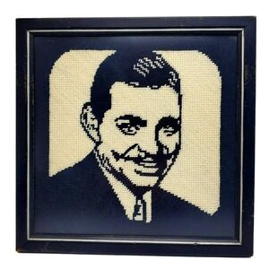 Clark Gable Portrait Needlepoint Wall Fiber Art Framed Black White Hollywood Vtg